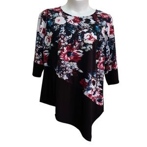 AGB Blouse Top Womens Size 2X Multicolored Floral 3/4 Sleeve High-Low Stretchy